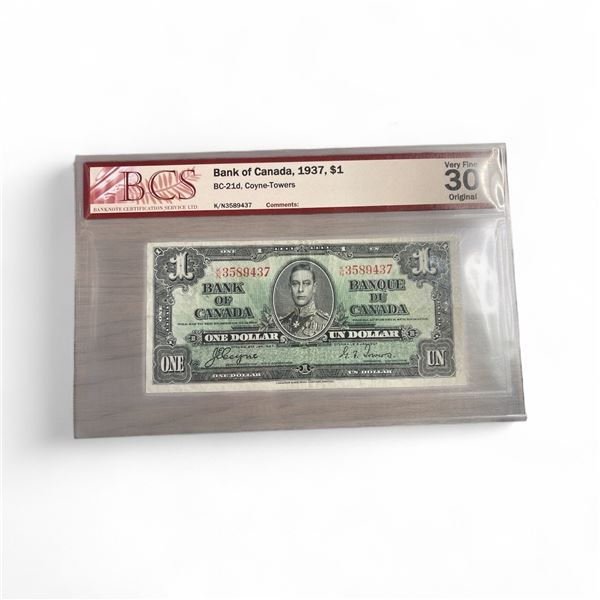 Graded 1937 Canadian $1 Bank Note - Grade 30 Very Fine - BC-21d - Coyne-Towers