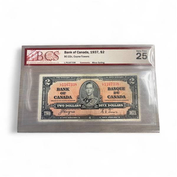 Graded 1937 Canadian $2 Bank Note - Grade 25 Very Fine - BC-22c - Coyne-Towers