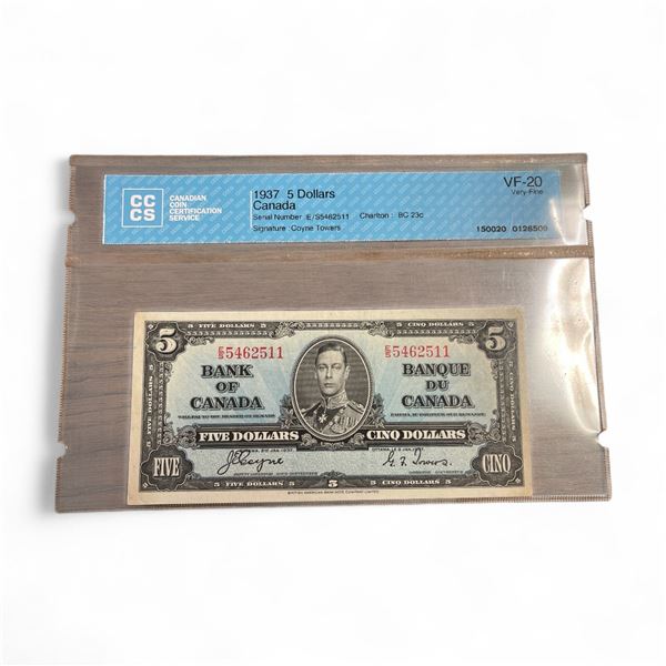 Graded 1937 Canadian $5 Bank Note - Grade 20 Very Fine - BC-23c - Coyne-Towers