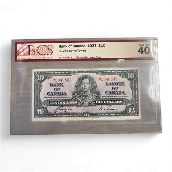 Graded 1937 Canadian $10 Bank Note - Grade 40 Extra Fine - BC-24c - Coyne-Towers