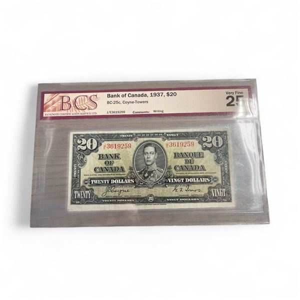 Graded 1937 Canadian $20 Bank Note - Grade 25 Very Fine - BC-25c - Coyne-Towers