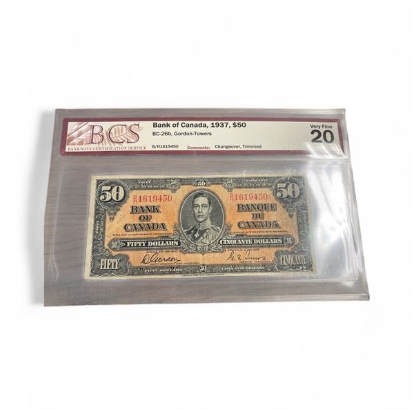Graded 1937 Canadian $50 Bank Note - Grade 20 Very Fine - BC-26b - Gordon-Towers