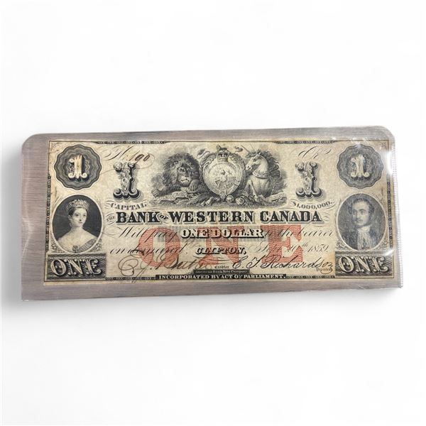 1859 Bank of Western Canada One Dollar Bank Clifton Bank Note