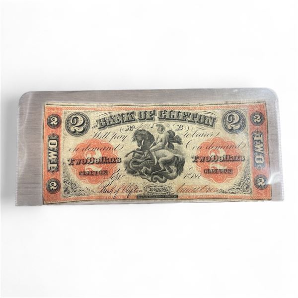 1861 Bank of Clifton Two Dollar Bank Note - #4835 - Hand Signed & Numbered