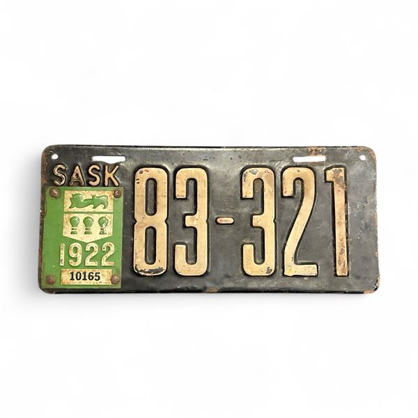1922 Porcelain Saskatchewan 5 Digit Single License Plate with Original Tag - #83-321