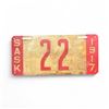 Image 1 : 1917 Saskatchewan 2 Digit Single License Plate - #22