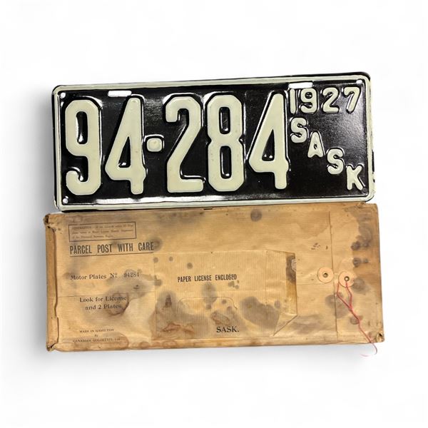 1927 Saskatchewan 5 Digit Single License Plate with Original Mailer- #94-284