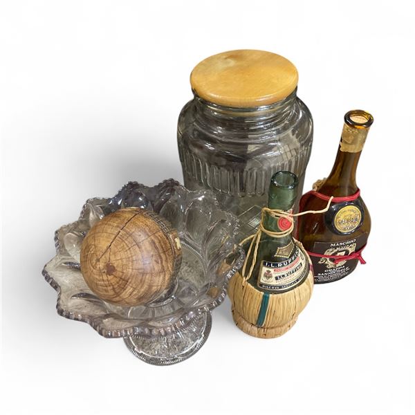 Group of 5 Collectibles - Pressed Glass Pedestal Bowl, Empty Ruffino & Grappa Bottle, Large Wood Top