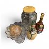 Image 1 : Group of 5 Collectibles - Pressed Glass Pedestal Bowl, Empty Ruffino & Grappa Bottle, Large Wood Top