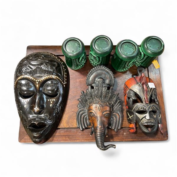Group of 6 Collectibles - Ceramic Tiki Mugs, and 3 Wood Wall Masks