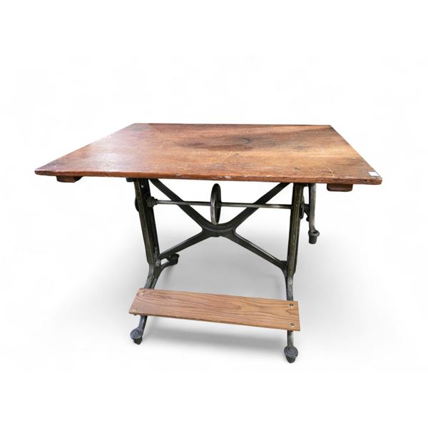 Folk Art Table with Oak Top and Adjustable Height Industrial Base - Top is 31" x 42"