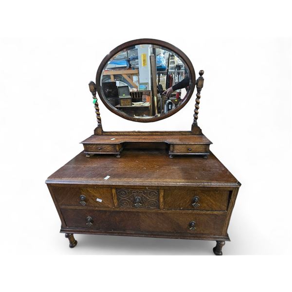 Antique Oak Dresser with Tilt Mirror on Barley Twist Frame - Dresser is 20" x 44" x 58" tall at the 
