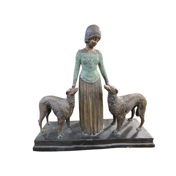Art Deco Style Cast Bronze Statue of Woman with Borzoi Dogs in the Style of Chiparus - 7" x 22" x 23