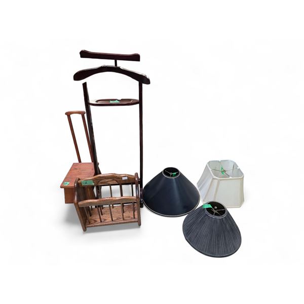 Men's Valet Stand, Magazine Rack, Step Stool and 3 Assorted Lamp Shades