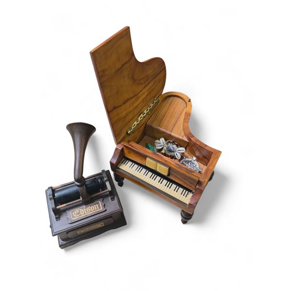 Mini Edison Music Box & Wood Piano Jewel Box with Turtle Brooches