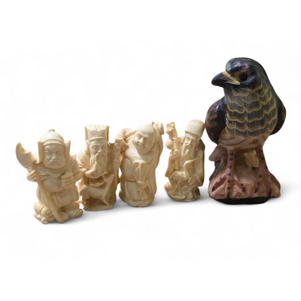 Hand Painted 6" Pottery Bird & Four 3" Asian Figurines
