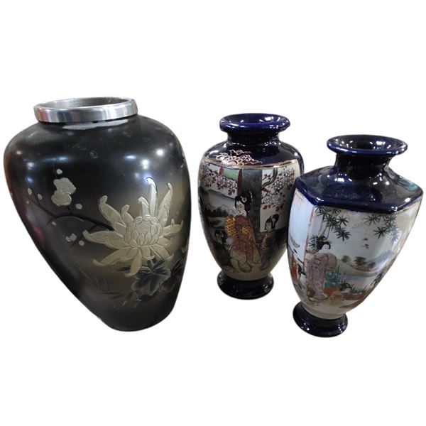 3 Vintage Japanese Vases - 2 Porcelain Vases & 1 Metal Vase (10" tall x 6" diameter)
