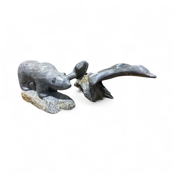 2 Hand Carved Soapstone Sculptures of a Bear and Canada Geese- Bear is  4" tall on a 3" x 7" base