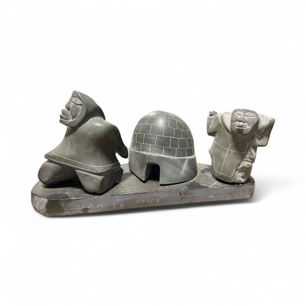 Signed Inuit Soapstone Carving of a Igloo and Two  People - 5" x 14" x 7" tall