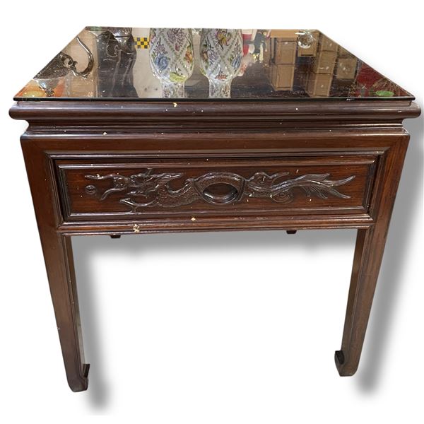Solid Wood End Table with Carved Dragon Design & Plate Glass Top - 22" x 22" x 22" tall