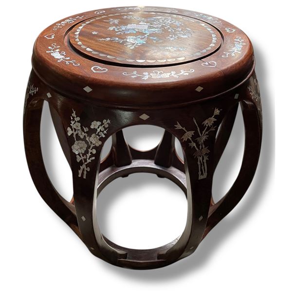 Chinese Solid Wood Drum Stool with Inlaid Design - 18" tall x 16" diameter