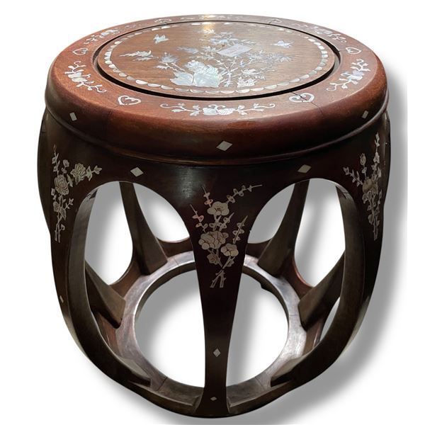 Chinese Solid Wood Drum Stool with Inlaid Design - 18" tall x 16" diameter