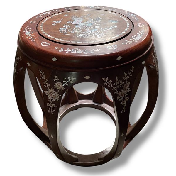 Chinese Solid Wood Drum Stool with Inlaid Design - 18" tall x 16" diameter