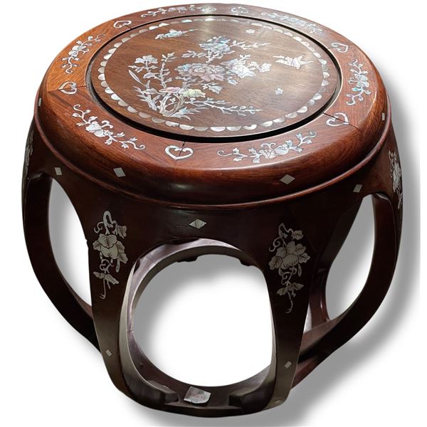 Chinese Solid Wood Drum Stool with Inlaid Design - 18" tall x 16" diameter