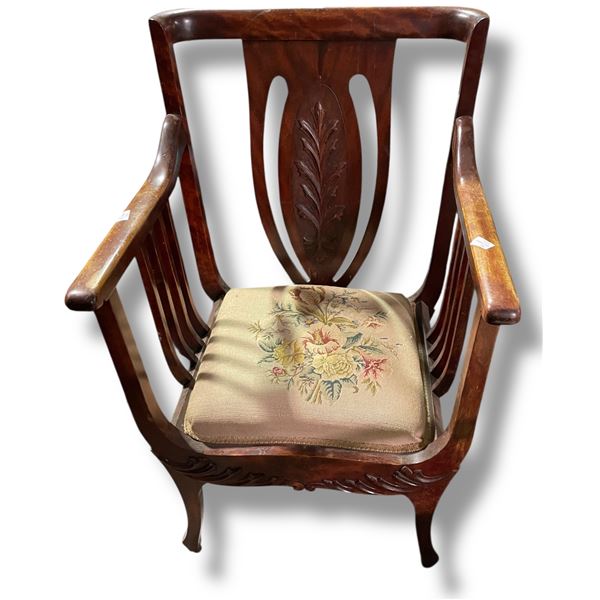 Antique Oak Arm Chair with Carved Splat & Needle Point Seat