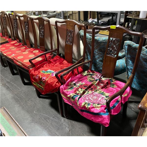 4 Solid Wood Dining Chairs with Carved Dragon Splats - 2 are Armed Carver "Head of Table" Chairs
