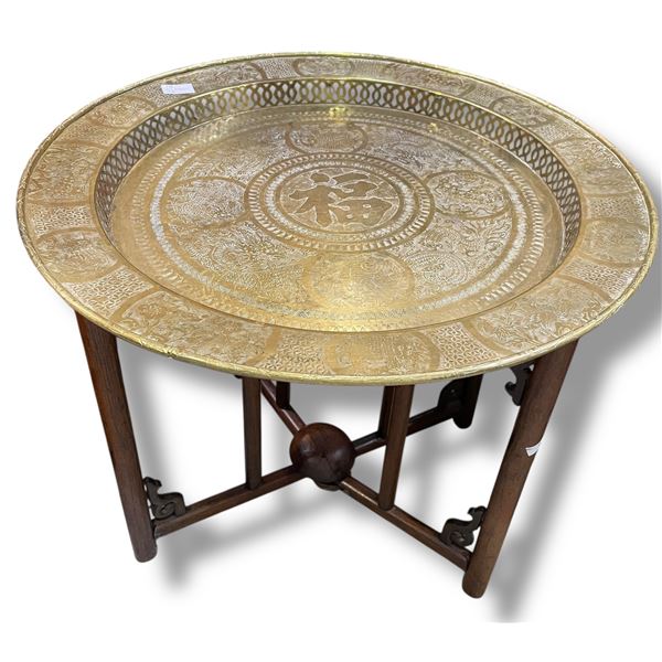 Folding Wood Nomad Table with 18" Brass Tray Top