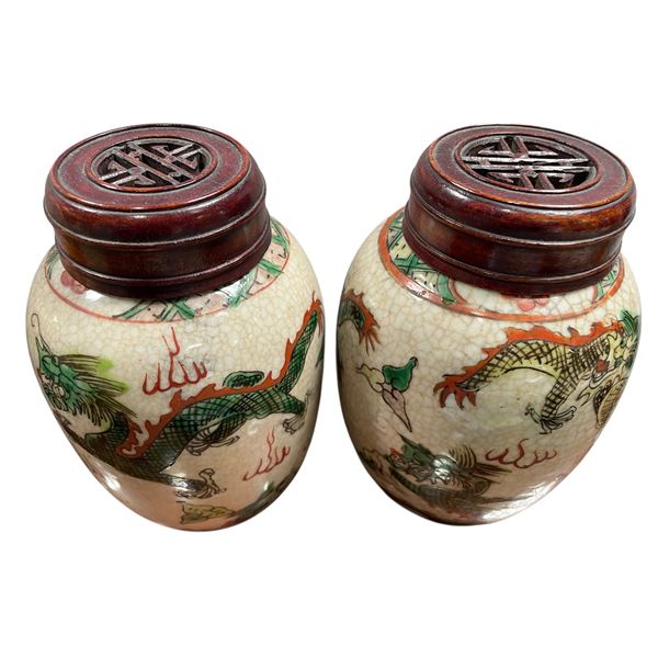 Pair of Matched Chinese Ginger Jars with Carved Pierced Wood Covers - 7" tall x 5" diameter