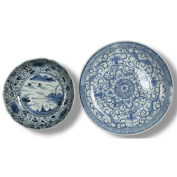 Blue & White Porcelain Chinese 8" Plate & 6" Bowl - Not matching