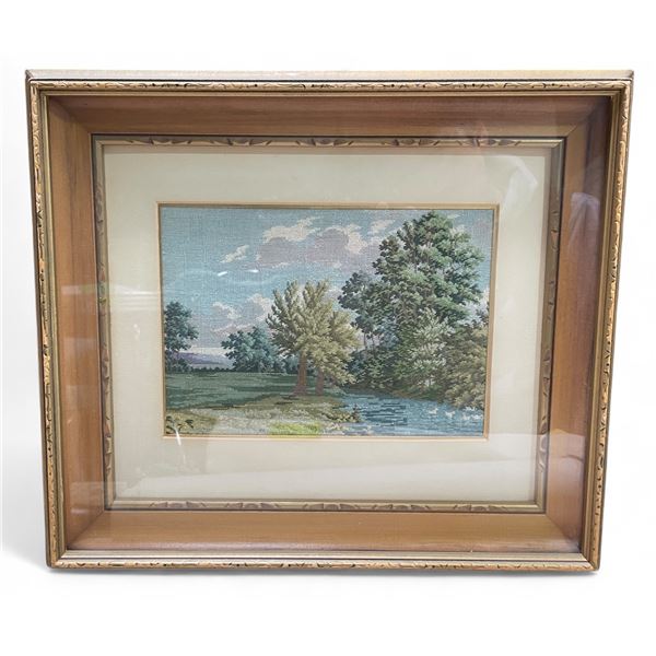 Vintage Petit Point Landscape Picture - 15" x 13" framed