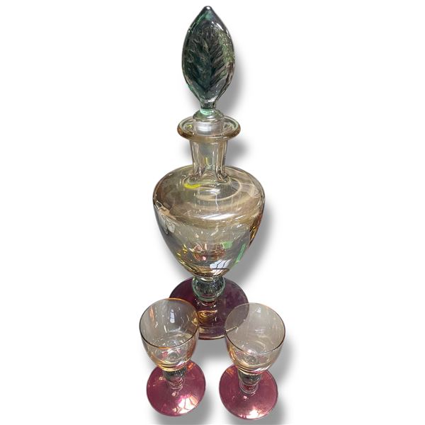 Iridescent Art Glass Stoppered Wine Carafe with 2 Matching Glasses