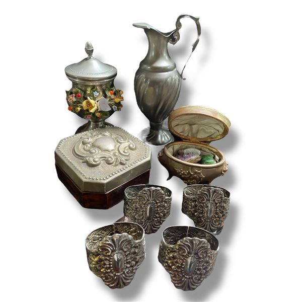 Group of 8 Items, 8" Pitcher, Jewel Box with Stones, Napkin Rings, Lidded Box & Lidded Container