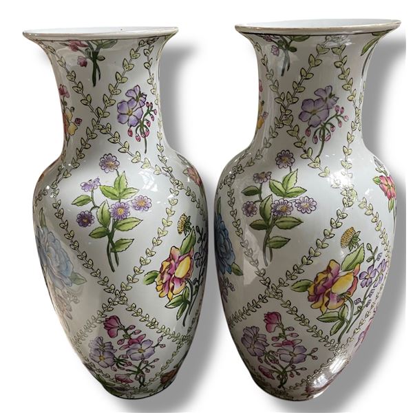 Pair of Botanical Design 13" Porcelain Vases