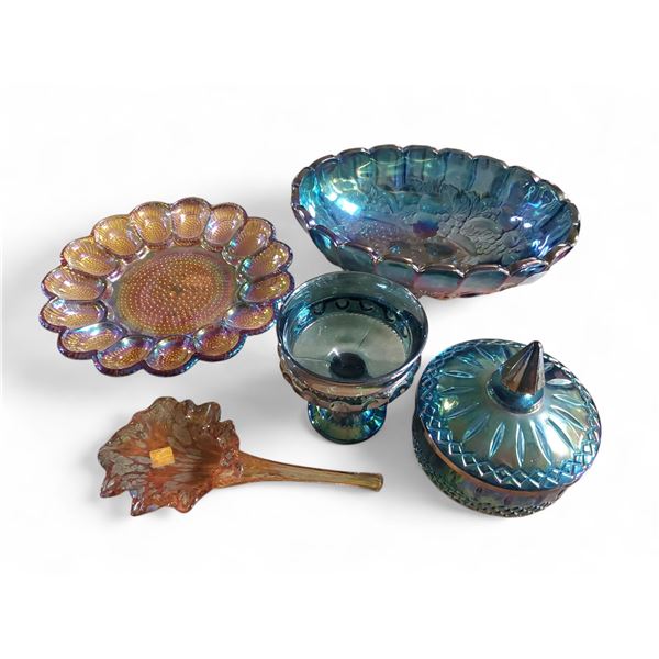 5 Vintage Pressed Carnival Glass Dishes - Fruit Bowl is 9" x 12" x 5" deep, Deviled Egg Tray is 12" 