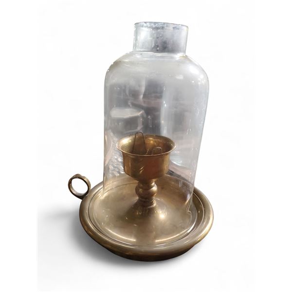 Vintage Brass Candle Lantern with Glass Shade - 8" diameter x 12" tall - tiny chips in the bases of 