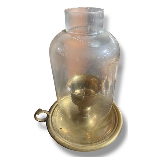 Vintage Brass Candle Lantern with Glass Shade - 8" diameter x 12" tall - tiny chips in the bases of 