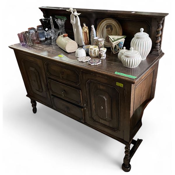 Antique Oak Sideboard - Has its original hardware - 21" x 54" x 50" tall at the back Contents not in