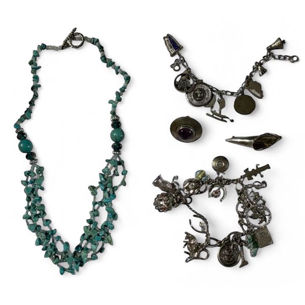 2 Sterling Silver Charm Bracelets, Sterling Brooch, Mexican Silver Earring & a 20" Turquoise Necklac