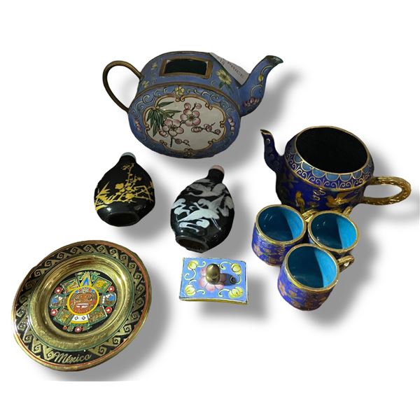 Group of Miniature Cloisonne Tea Pots (one missing a lid) & Glass Perfume Bottles