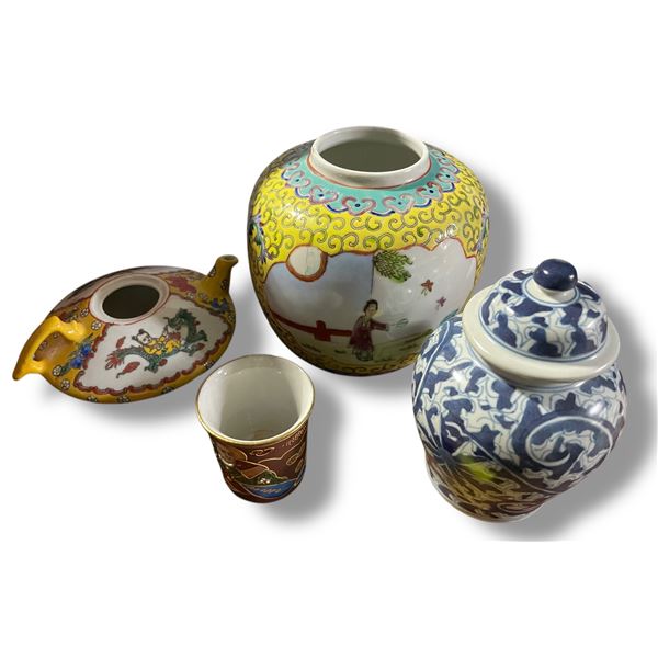 4 Piece Group of Asian Porcelain Items - Teapot and Ginger Jar are missing the lids