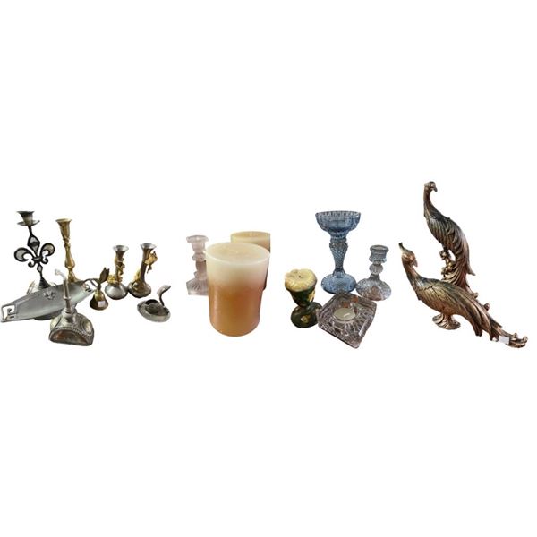 Group of Candle Holders, Candles, Bell, Peacock Figurines and more