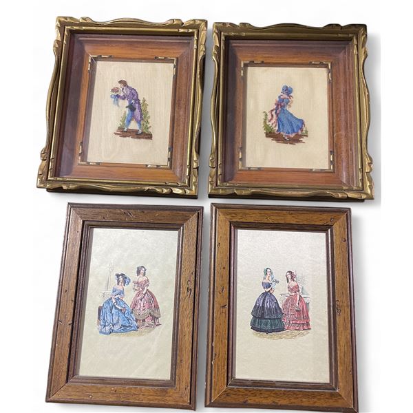 2 Vintage Petit Point Pictures and 2 Prints - Petit Points are 7" x 7" framed