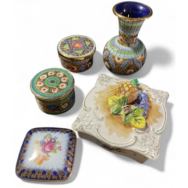 Group of 5 Glass or Porcelain Items - 4" Vase and 4 Lidded Trinket Boxes