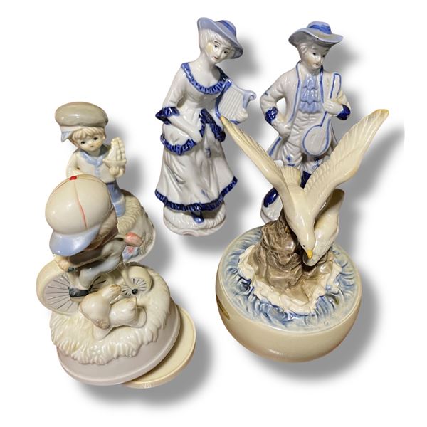 3 Porcelain Musical Ornaments and 2 Blue/White Porcelain 8" Figurines