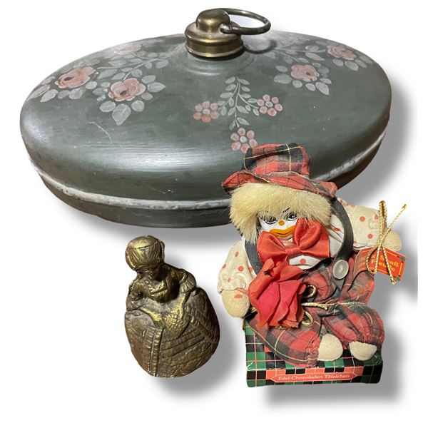 Vintage Painted Metal Foot Warmer, Brass Bell & Doll
