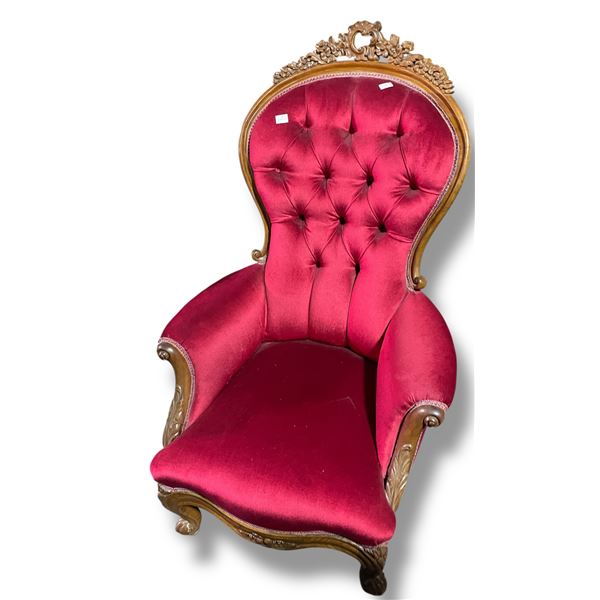 Antique Red Velvet Tufted Arm Chair with Carved Wood Frame